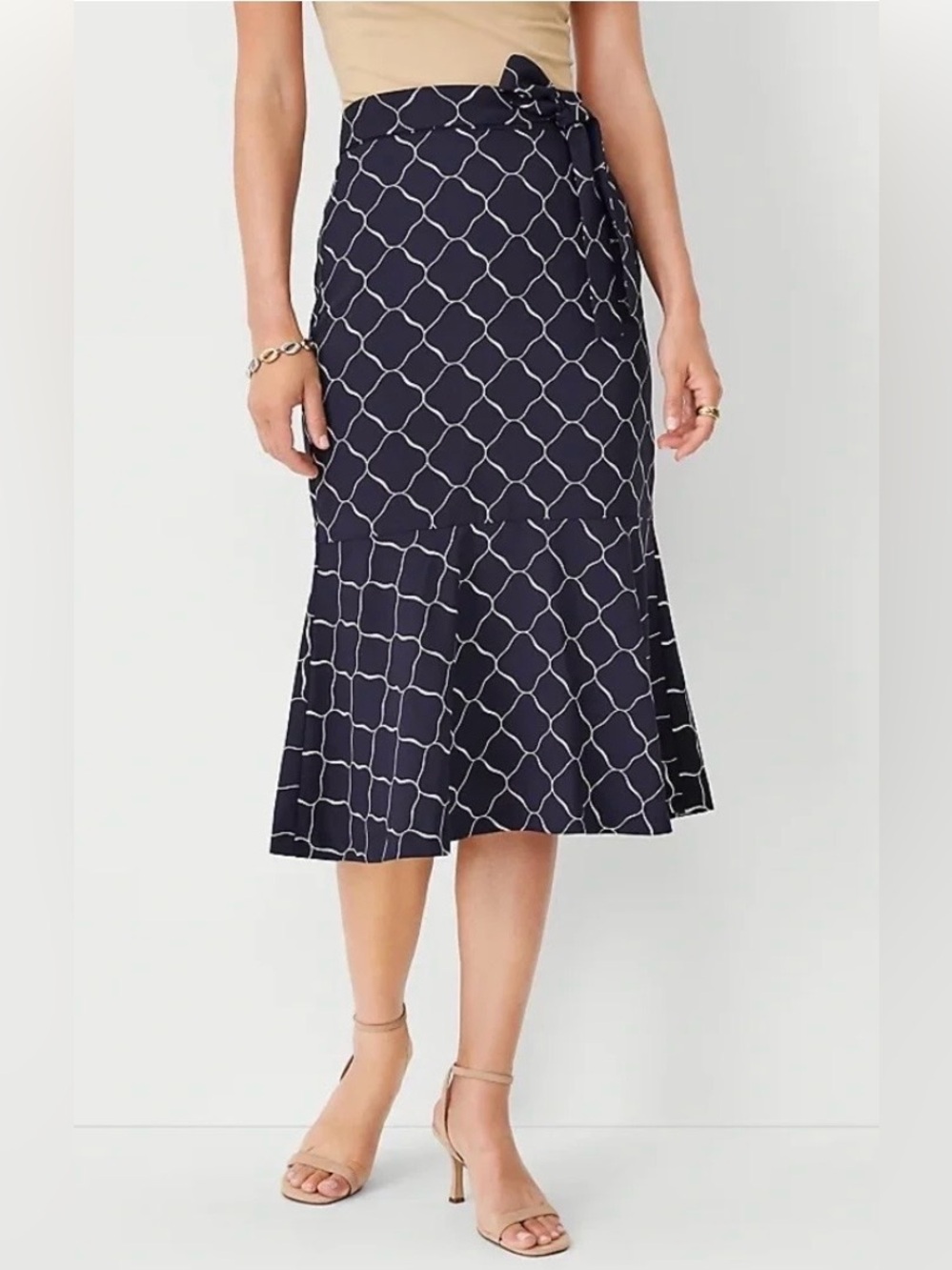 Ann Taylor Navy Midi Skirt with White Chain Motif